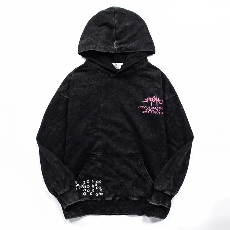 Autumn thin sweatshirt American Travis Scott Utopia Tour hooded sweatshirt abstract letter washed retro distressed hoodie ins super hot autumn and winter new cotton terry hoodie sweatshirt