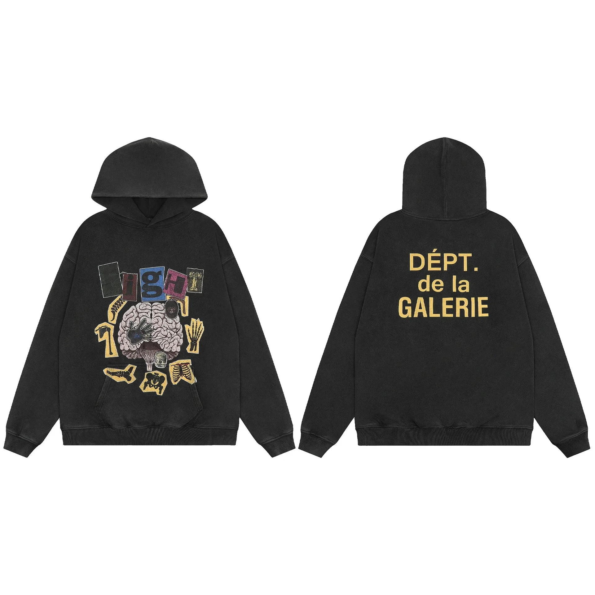 Distressed brain print casual loose hooded sweatshirt for men and women