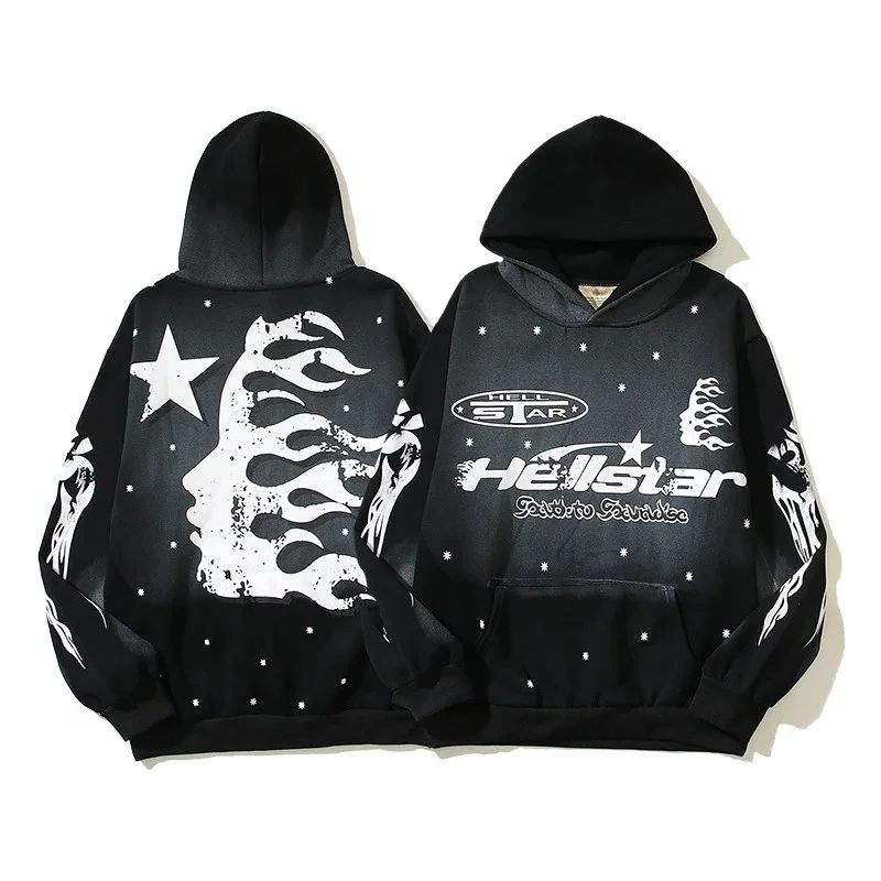 [hello series] fog high street washed and distressed heavy worker head print casual sweatshirt couple wear hoodie