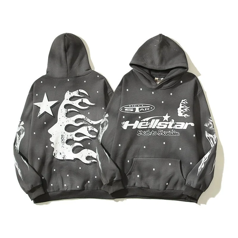 [hello series] fog high street washed and distressed heavy worker head print casual sweatshirt couple wear hoodie