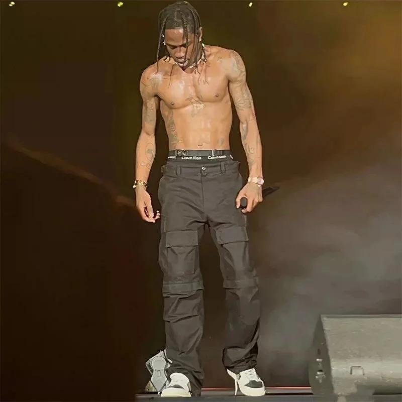 Paris style Travis Scott music festival style cotton multi-pocket overalls