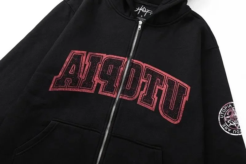 American niche high street brand Travis Scott SS23 UTOPIA limited series reverse letter printed pocket zipper pure cotton 340g cardigan plus velvet hooded sweatshirt