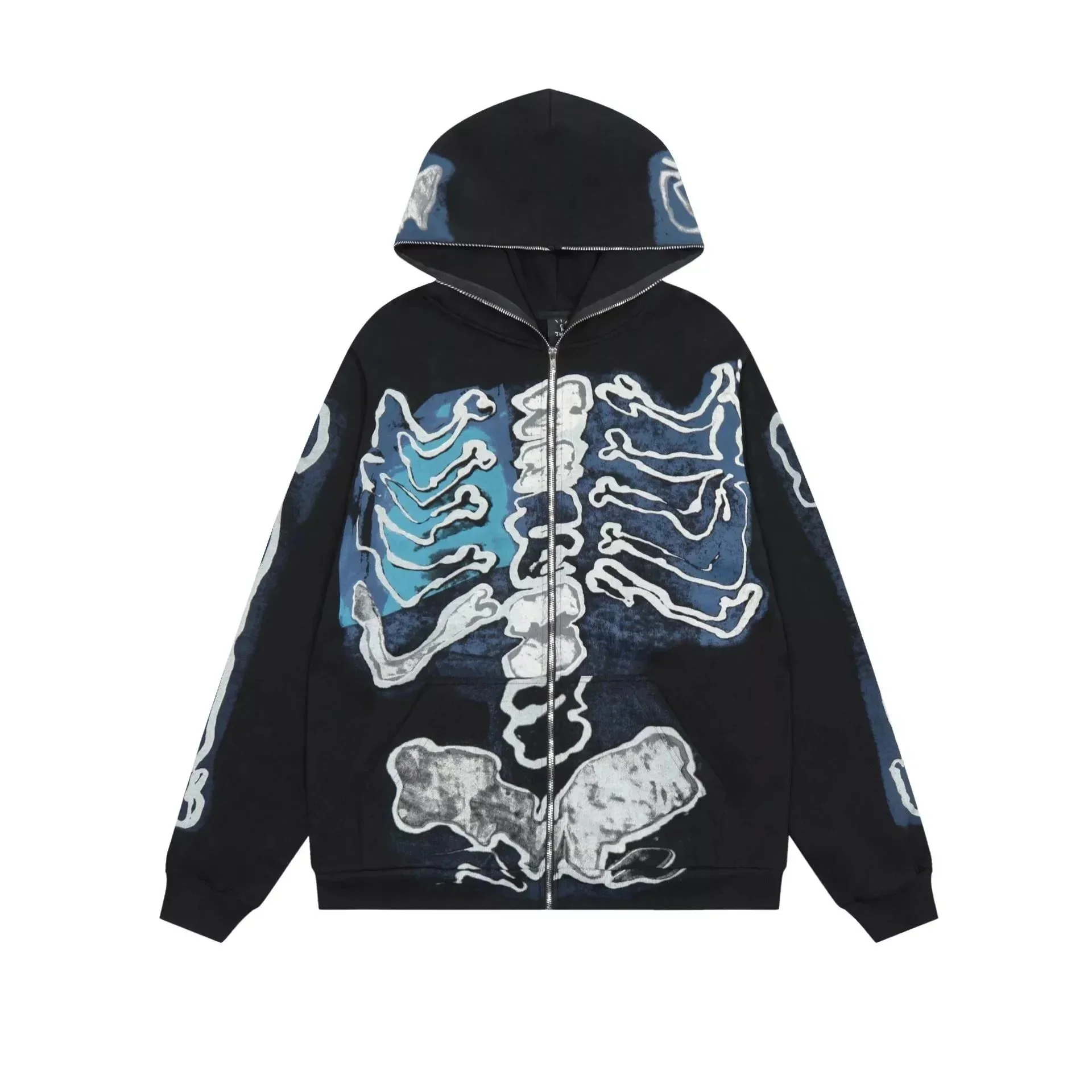 Cross-border version Travis Scott skeleton skeleton velvet hooded sweatshirt for men and women high street cardigan jacket