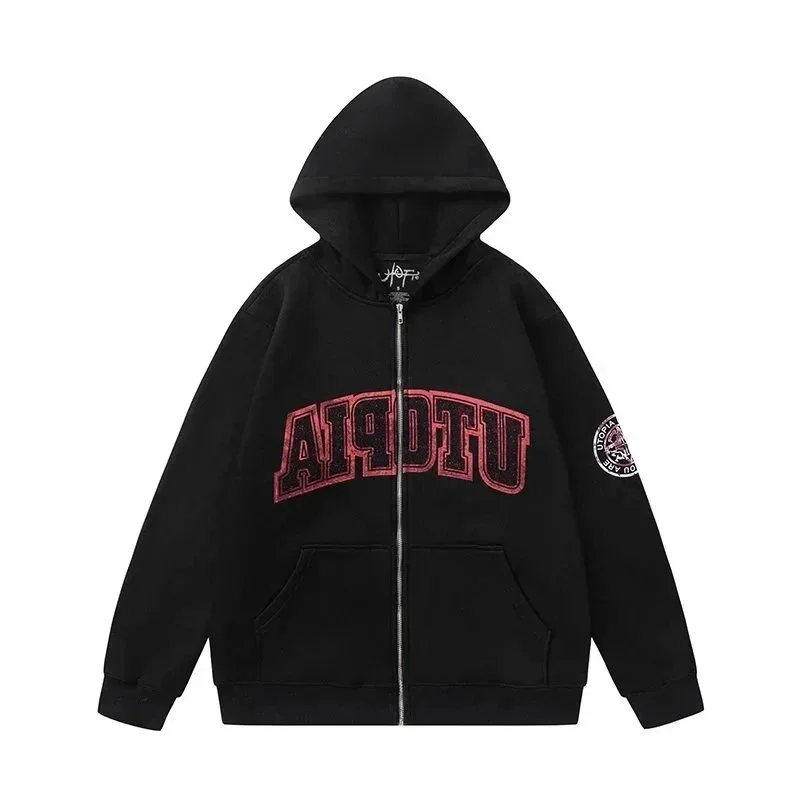 American niche high street brand Travis Scott SS23 UTOPIA limited series reverse letter printed pocket zipper pure cotton 340g cardigan plus velvet hooded sweatshirt