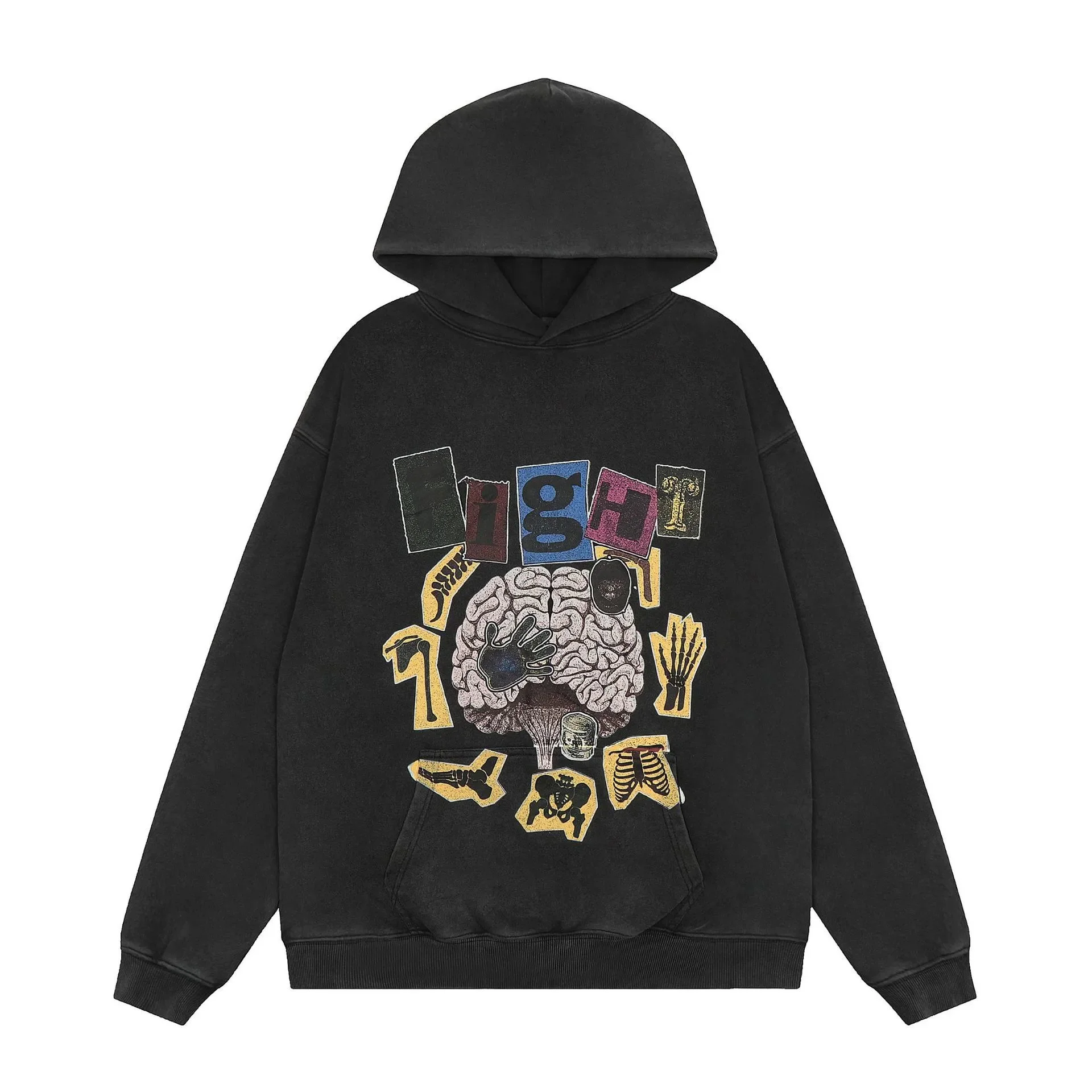 Distressed brain print casual loose hooded sweatshirt for men and women