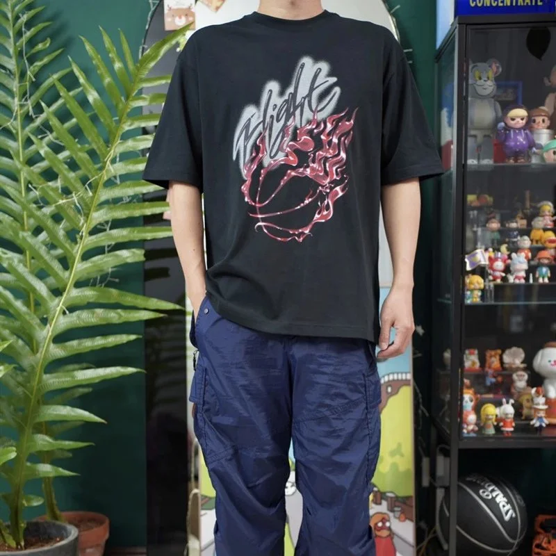 Heavyweight Travis Scott Cactus jack flame print rhinestone round neck pullover short-sleeved T-shir