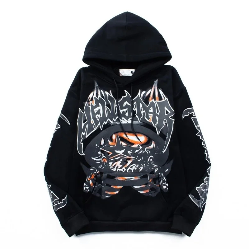[hello series] fog high street washed and distressed heavy worker head print casual sweatshirt couple wear hoodie