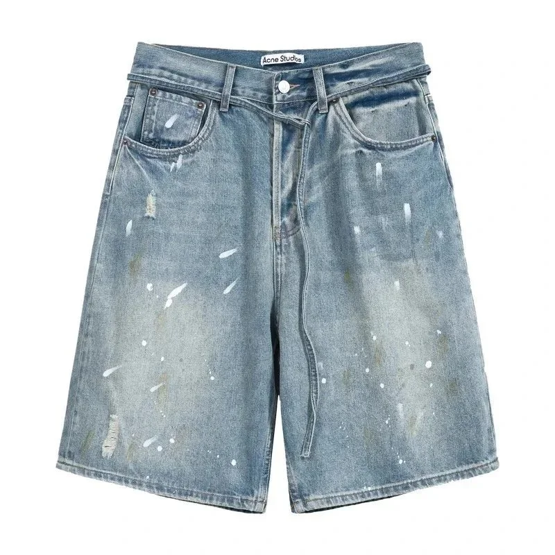 AC hand-painted splash-ink frayed washed distressed wide-leg jeans