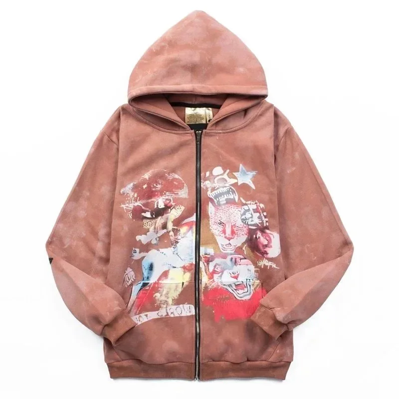 Velvet zipper sweatshirt, INS super hot, trendy, high street, retro, distressed, mud-dyed niche, Travis Scott tour commemorative autumn and winter pure cotton fleece cardigan, zipper hooded
