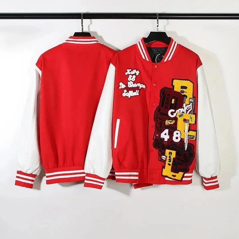 [Longfengni Lined Fabric] Autumn American Travis Scott autumn and winter casual towel embroidery for male and female students splicing leather sleeves loose baseball uniform jacket jacket ba