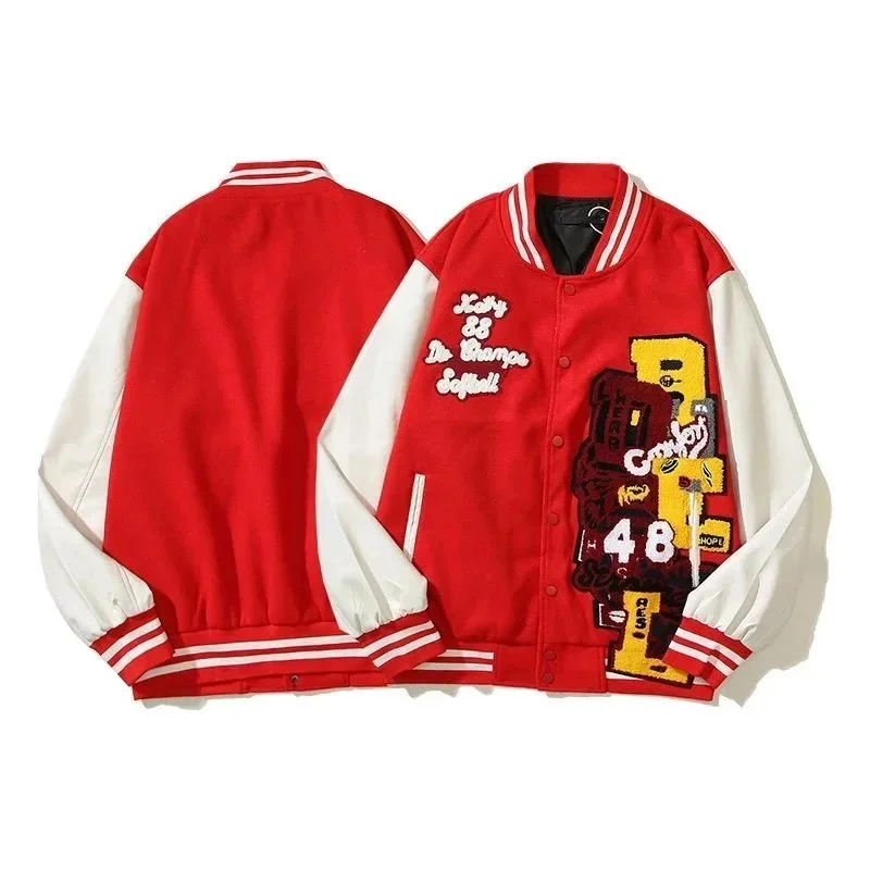[Longfengni Lined Fabric] Autumn American Travis Scott autumn and winter casual towel embroidery for male and female students splicing leather sleeves loose baseball uniform jacket jacket ba