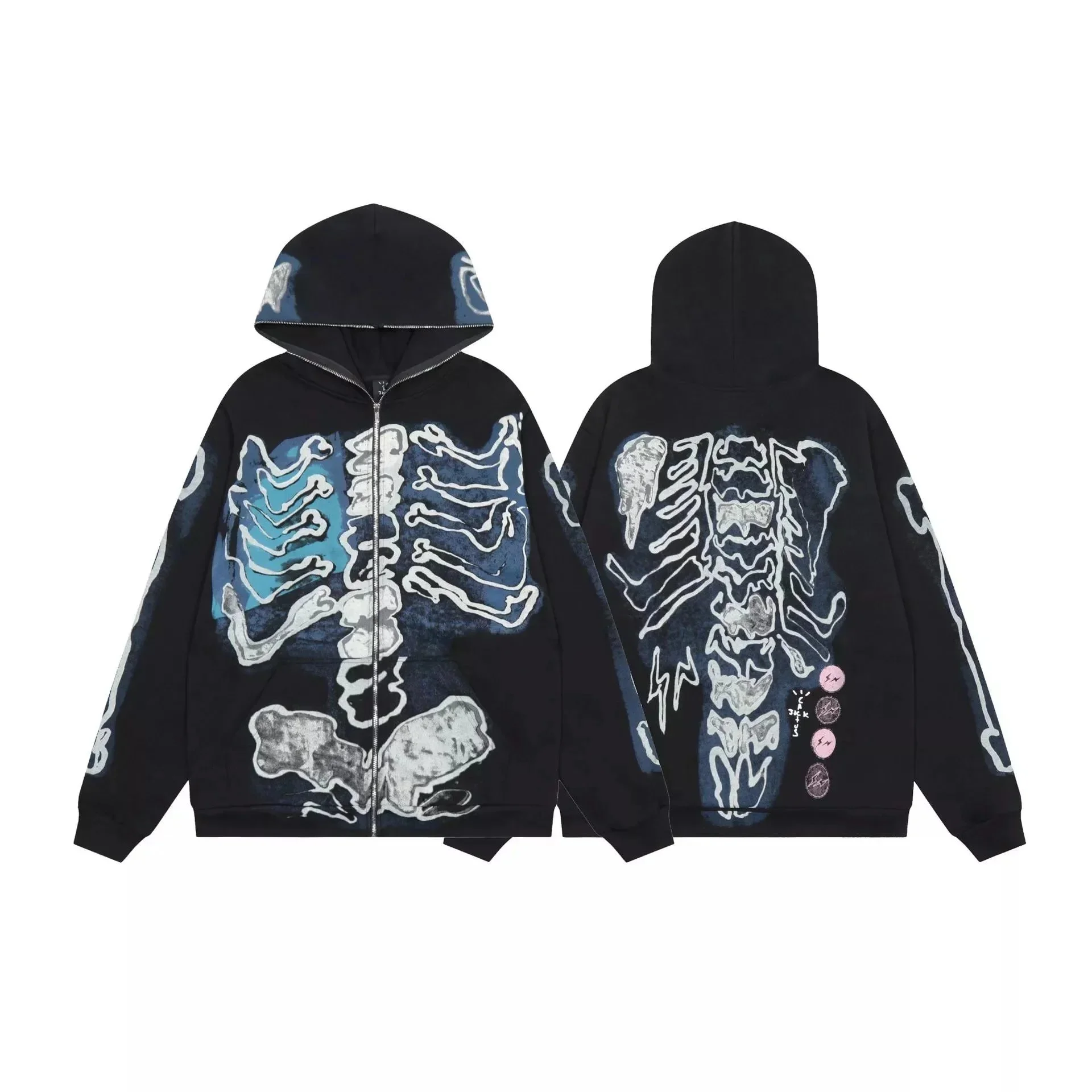 Cross-border version Travis Scott skeleton skeleton velvet hooded sweatshirt for men and women high street cardigan jacket