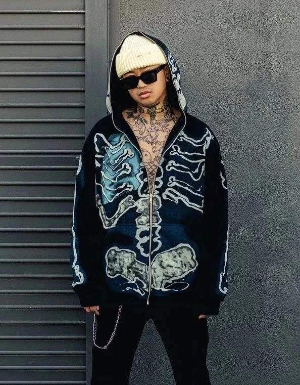 Cross-border version Travis Scott skeleton skeleton velvet hooded sweatshirt for men and women high street cardigan jacket