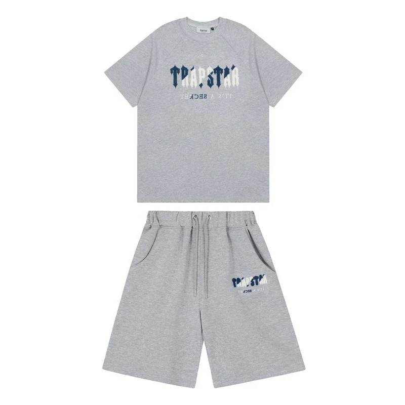 Gradient letters white and blue towel embroidery short-sleeved T-shirt shorts men's couple casual suit ins