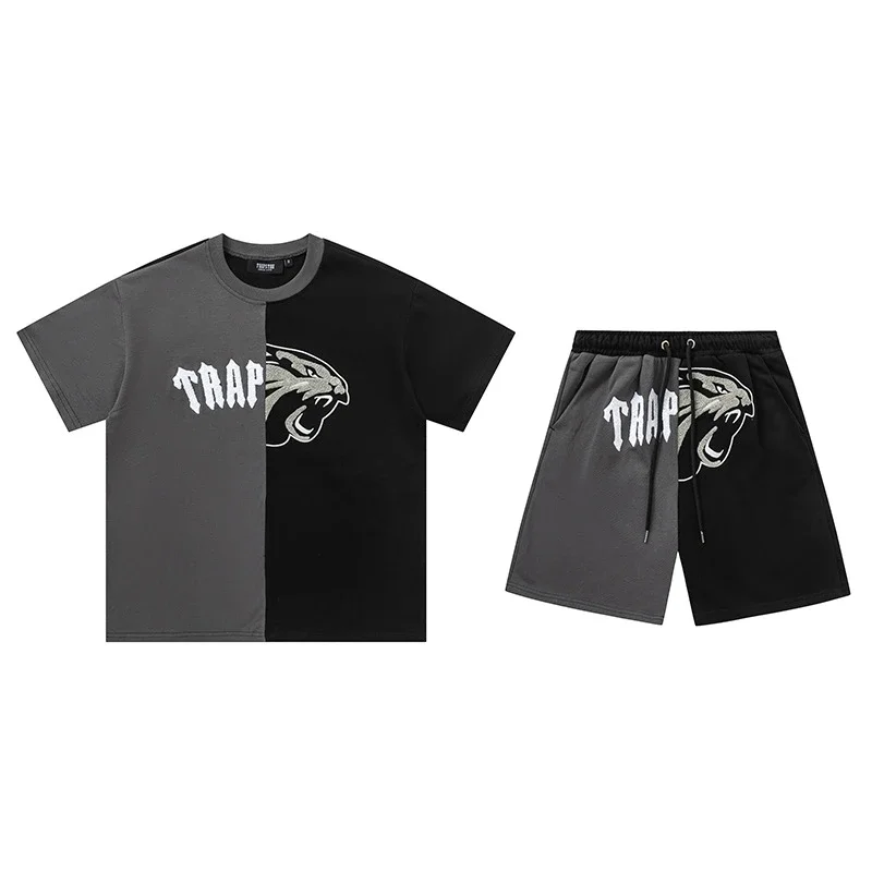 Gradient letters white and blue towel embroidery short-sleeved T-shirt shorts men's couple casual suit ins