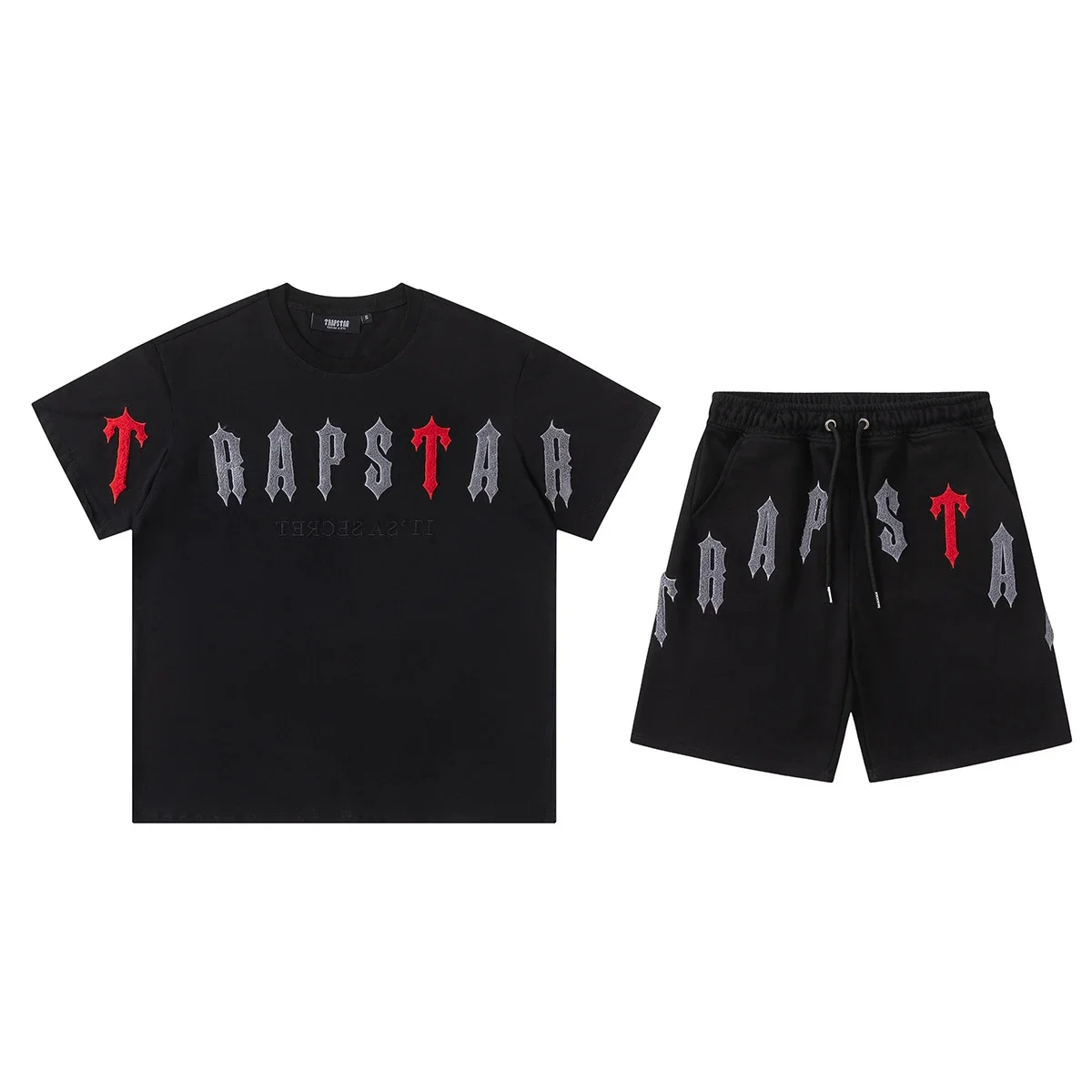 Gradient letters white and blue towel embroidery short-sleeved T-shirt shorts men's couple casual suit ins