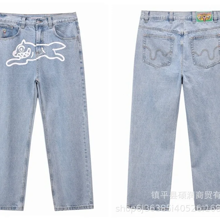 American high street fashion brand flying dog print unisex denim trousers(pic4) American high street fashion brand flying dog print unisex denim trousers