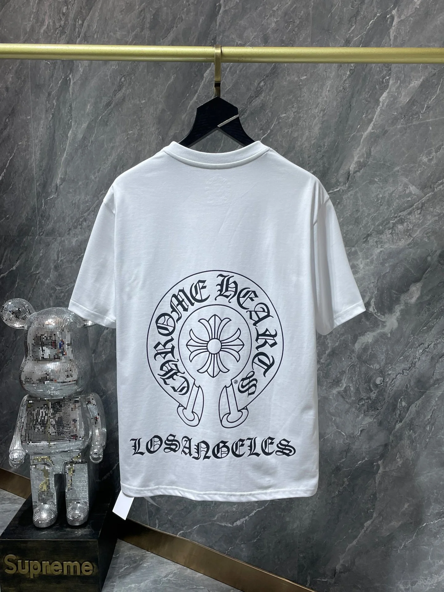 Cross horseshoe patchwork leather and ruffled short-sleeved T-shirt