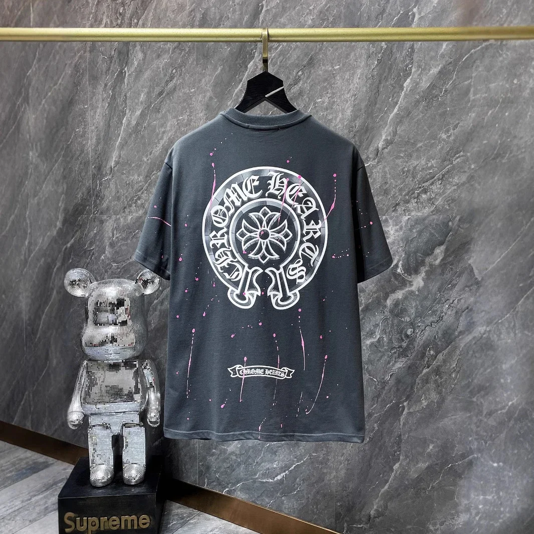 Cross horseshoe patchwork leather and ruffled short-sleeved T-shirt