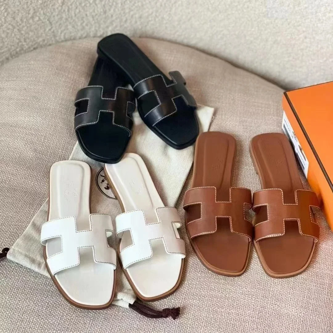 H family flat slippers for women, sheepskin all-inclusive embroidery thread for outer wear