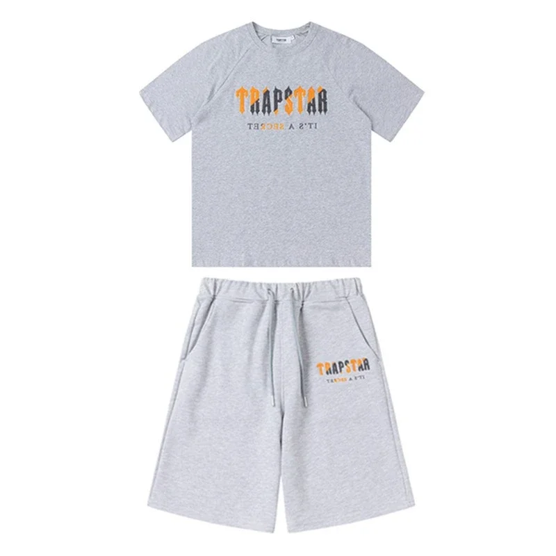 Gradient letters white and blue towel embroidery short-sleeved T-shirt shorts men's couple casual suit ins