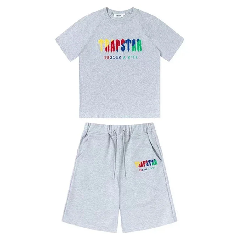 Gradient letters white and blue towel embroidery short-sleeved T-shirt shorts men's couple casual suit ins