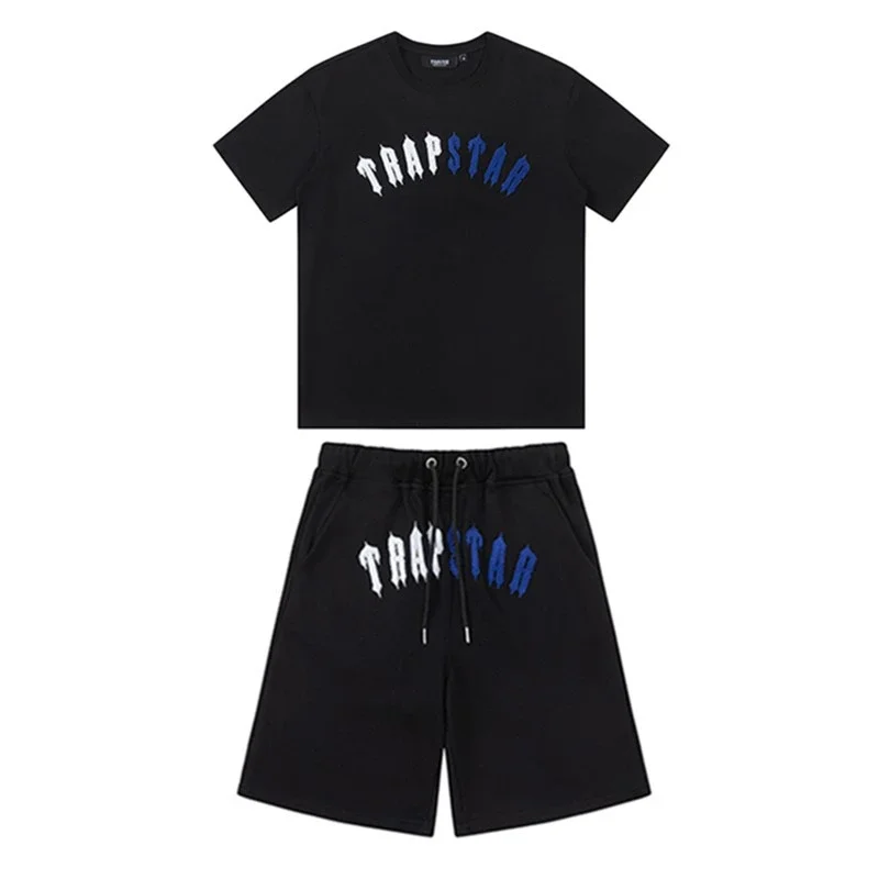 Gradient letters white and blue towel embroidery short-sleeved T-shirt shorts men's couple casual suit ins