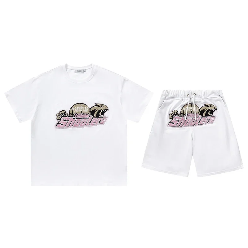 Gradient letters white and blue towel embroidery short-sleeved T-shirt shorts men's couple casual suit ins