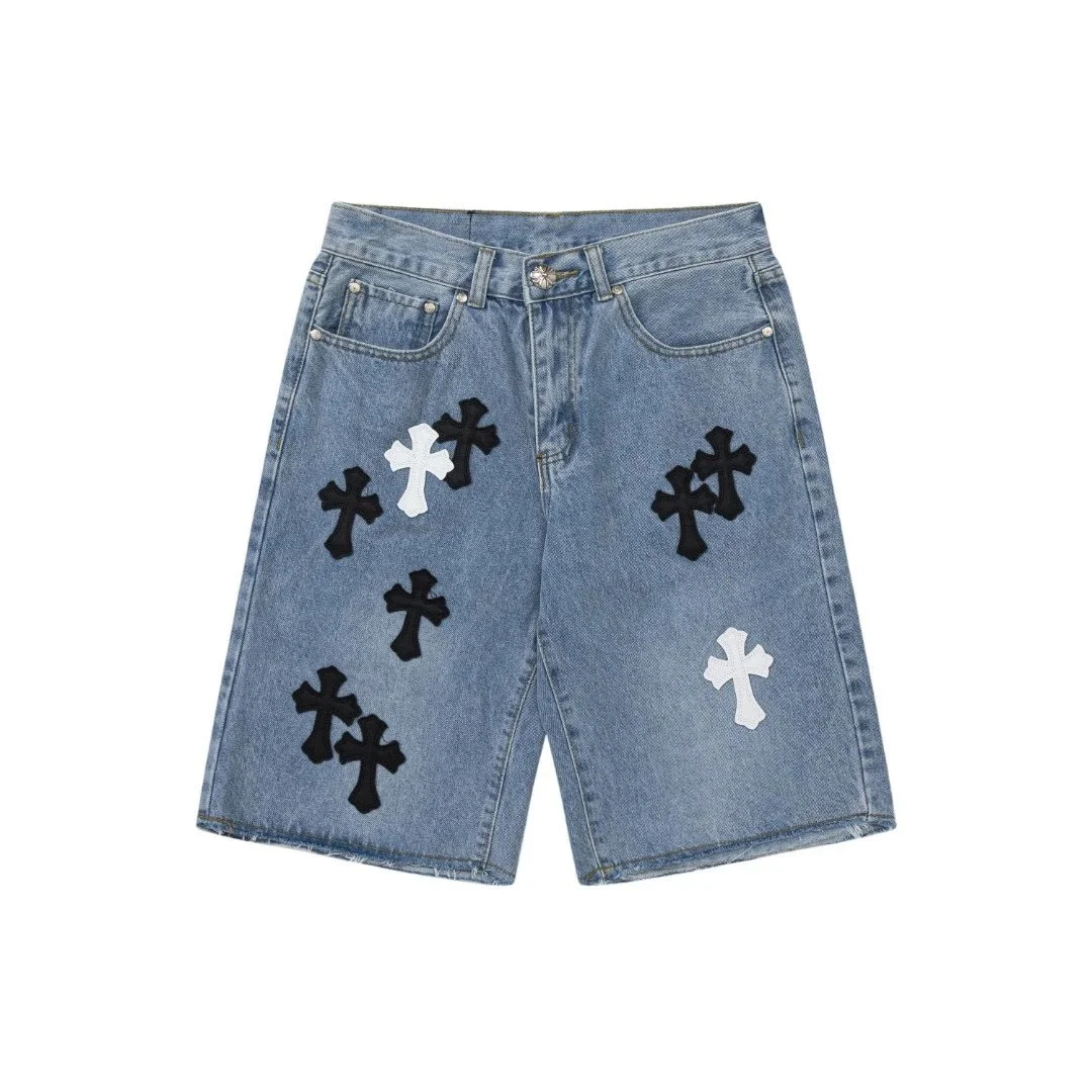 CH cross old denim shorts five-quarter pants for men and women