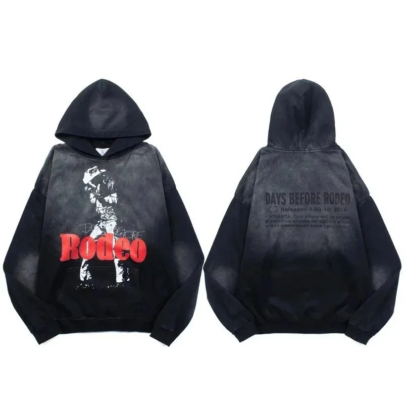 420g heavyweight washed sweatshirt American high street trendy brand travis scott hooded sweatshirt washed spray Ma Liu distressed retro male and female couple autumn Rodeo pure cotton terry