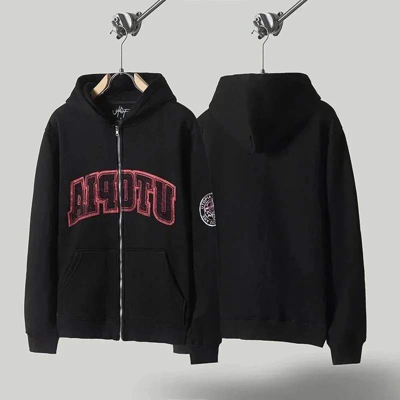 American niche high street brand Travis Scott SS23 UTOPIA limited series reverse letter printed pocket zipper pure cotton 340g cardigan plus velvet hooded sweatshirt