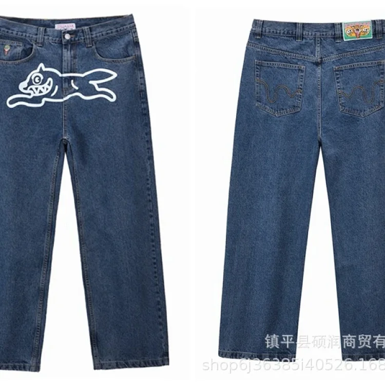 American high street fashion brand flying dog print unisex denim trousers(pic3) American high street fashion brand flying dog print unisex denim trousers