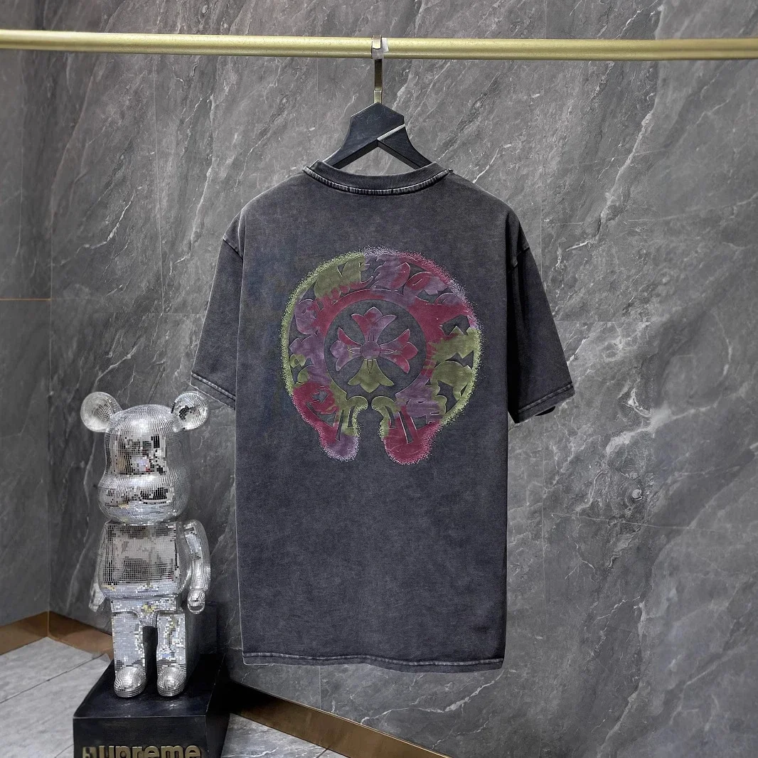 Cross horseshoe patchwork leather and ruffled short-sleeved T-shirt