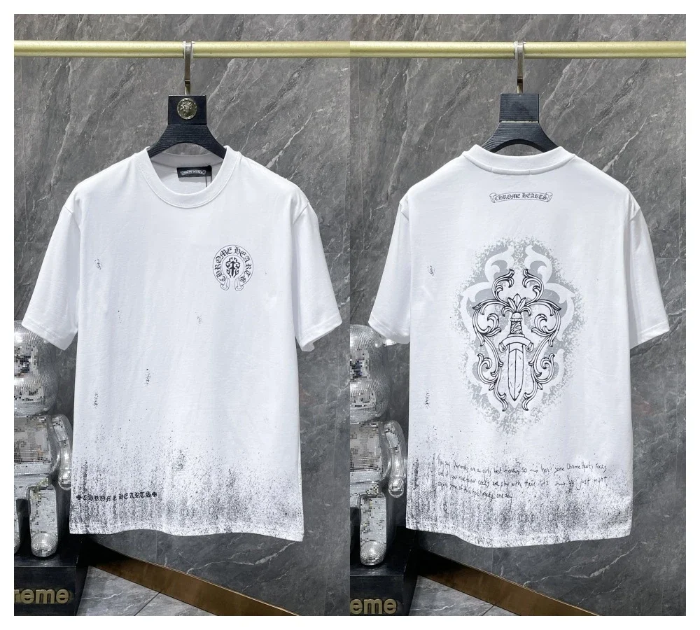 Cross horseshoe patchwork leather and ruffled short-sleeved T-shirt