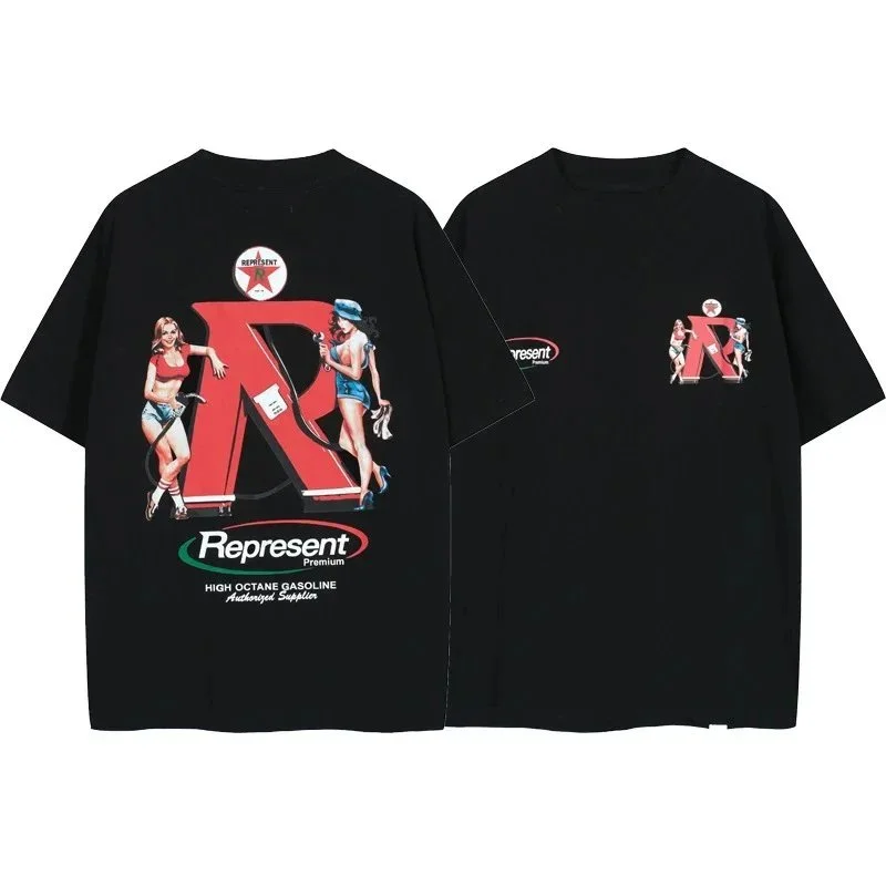 Letter print retro men's and women's couple round neck loose short-sleeved T-shirt