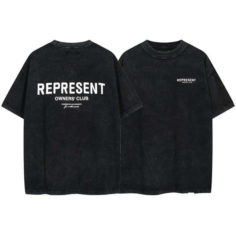 Letter print retro men's and women's couple round neck loose short-sleeved T-shirt