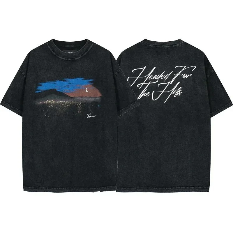 Letter print retro men's and women's couple round neck loose short-sleeved T-shirt