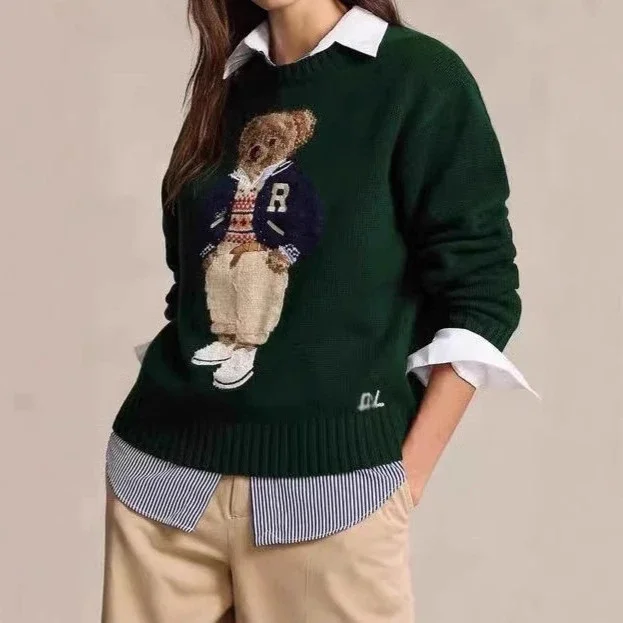 Xiaoma~Autumn and winter new R embroidered baseball uniform cartoon bear sweater loose lazy style versatile sweater
