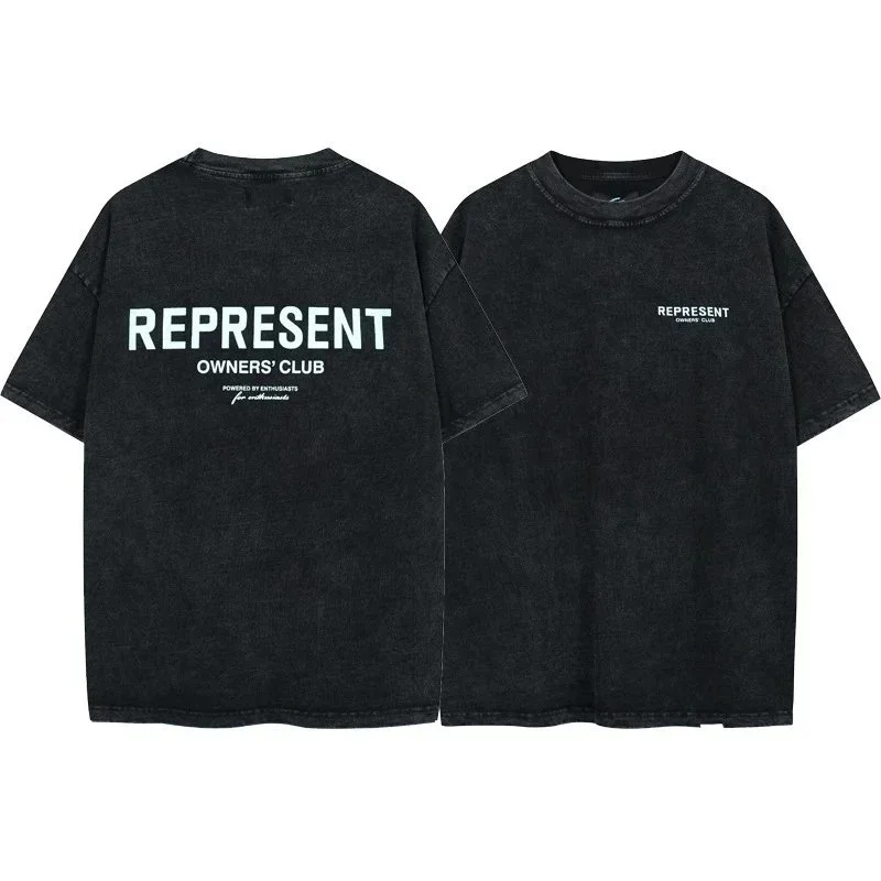 Letter print retro men's and women's couple round neck loose short-sleeved T-shirt