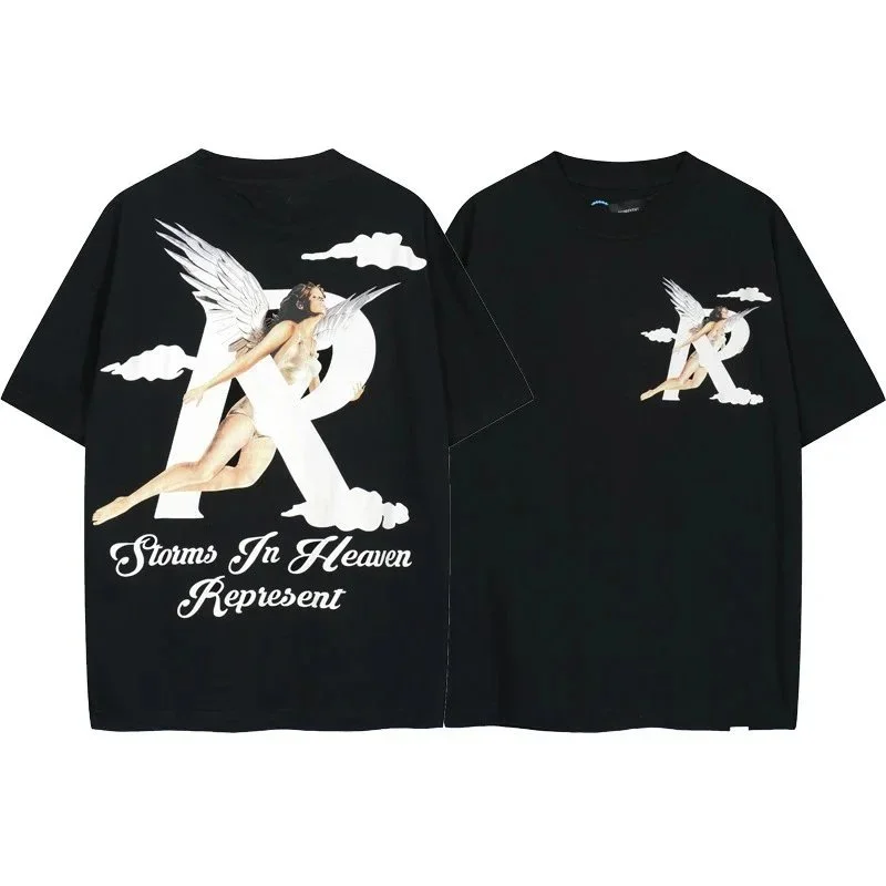 Letter print retro men's and women's couple round neck loose short-sleeved T-shirt