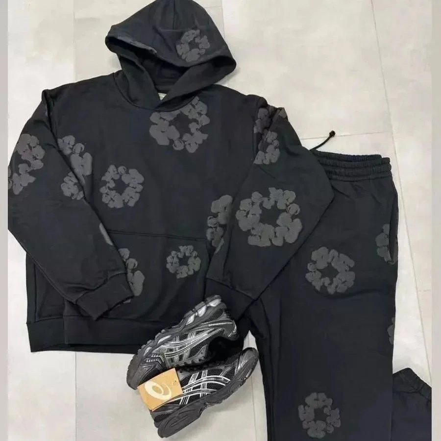 DENIM TEARS Kapok MONO Full Print Black Foam Logo New York POP Black Hoodie Set