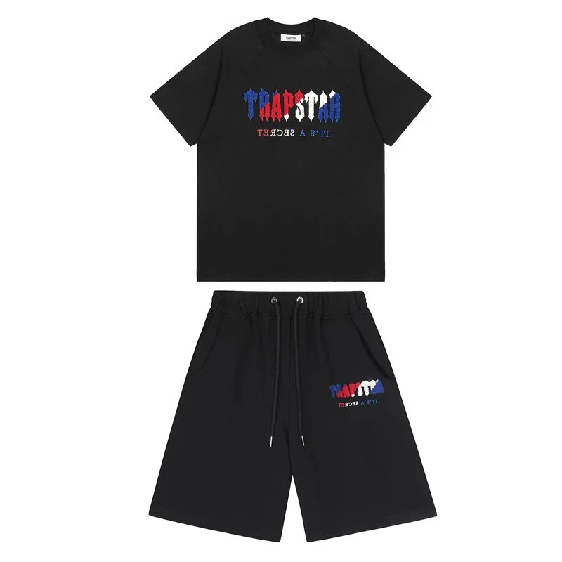 Gradient letters white and blue towel embroidery short-sleeved T-shirt shorts men's couple casual suit ins