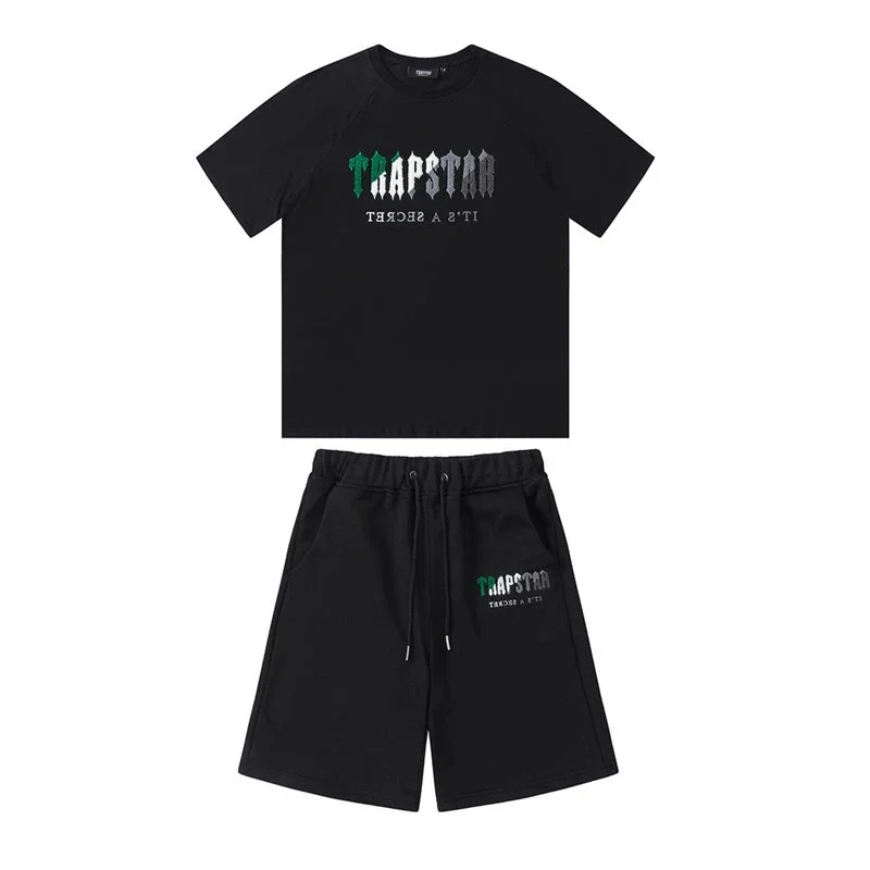 Gradient letters white and blue towel embroidery short-sleeved T-shirt shorts men's couple casual suit ins