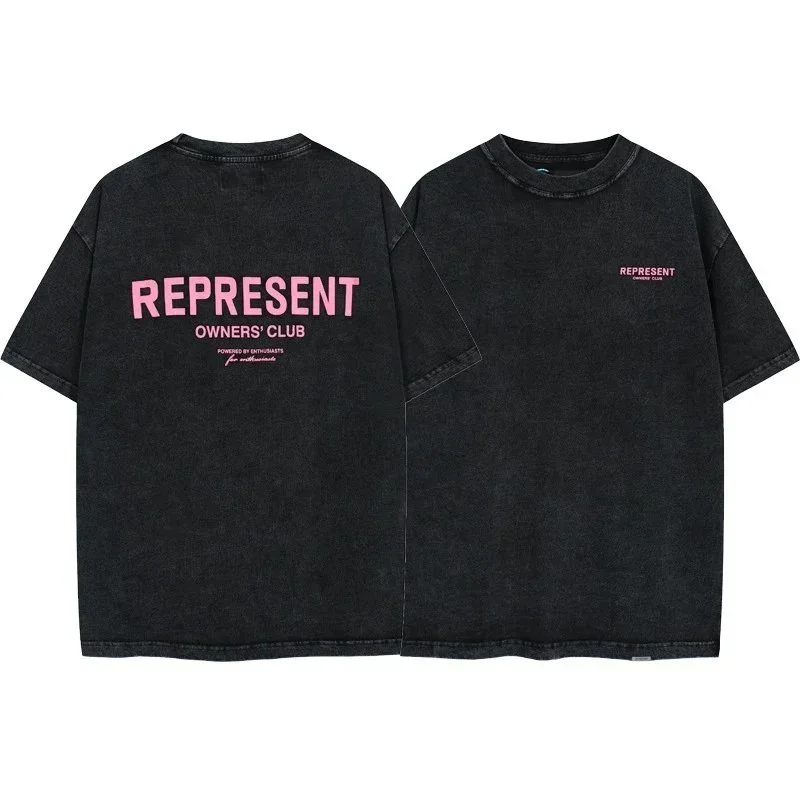 Letter print retro men's and women's couple round neck loose short-sleeved T-shirt