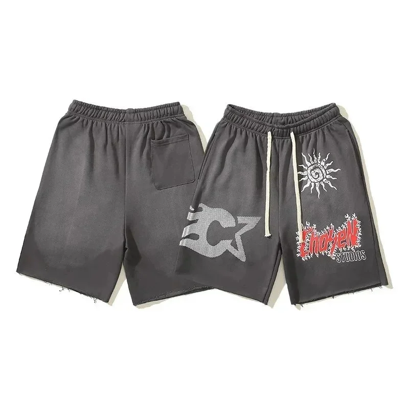 American high street Travis Scott CHARACTER cartoon print men's and women's casual loose sports terry shorts three-quarter pants for men and women trendy