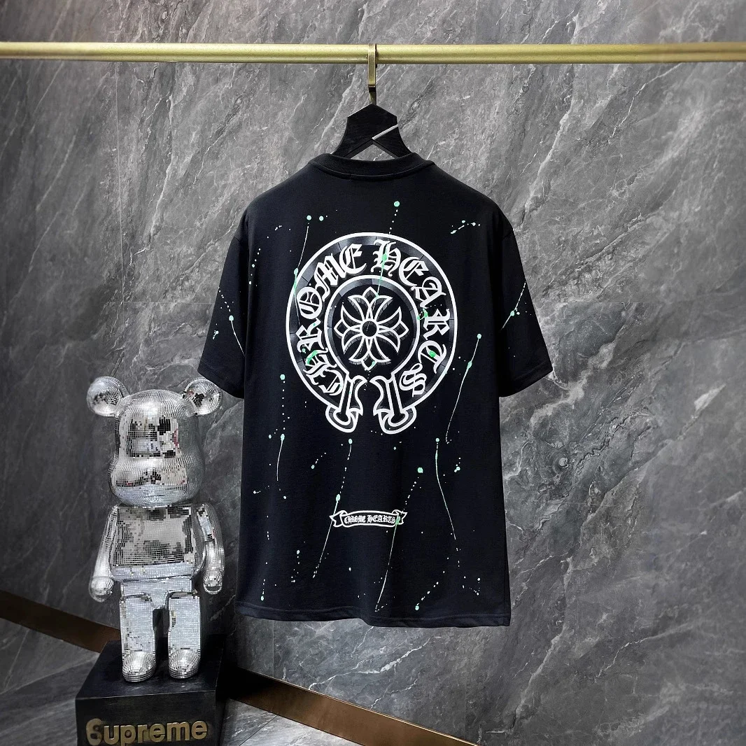 Cross horseshoe patchwork leather and ruffled short-sleeved T-shirt