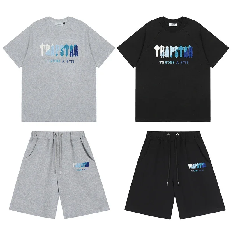 Gradient letters white and blue towel embroidery short-sleeved T-shirt shorts men's couple casual suit ins