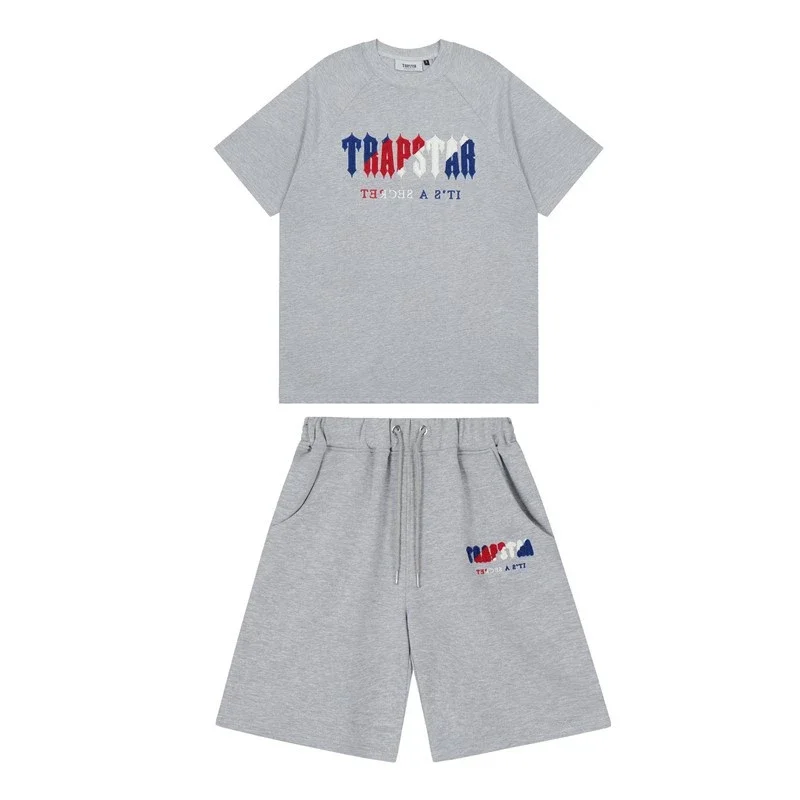 Gradient letters white and blue towel embroidery short-sleeved T-shirt shorts men's couple casual suit ins