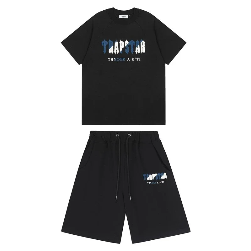 Gradient letters white and blue towel embroidery short-sleeved T-shirt shorts men's couple casual suit ins