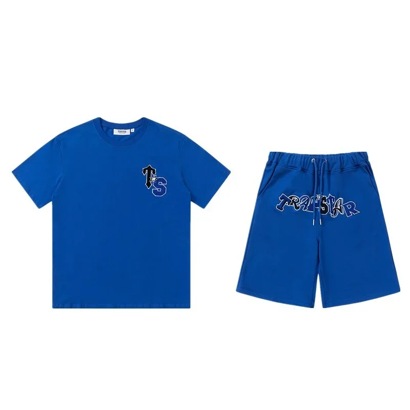 Gradient letters white and blue towel embroidery short-sleeved T-shirt shorts men's couple casual suit ins